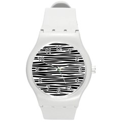 Zebra Stripes, Black And White Asymmetric Lines, Wildlife Pattern Round Plastic Sport Watch (m) by Casemiro