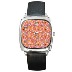 Cute Faces Of Dogs And Cats With Glasses Square Metal Watch by SychEva