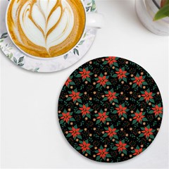 Large Christmas Poinsettias On Black Uv Print Round Tile Coaster by PodArtist