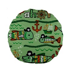 Seamless Pattern Fishes Pirates Cartoon Standard 15  Premium Round Cushions by Jancukart