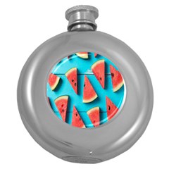 Watermelon Blue Background Round Hip Flask (5 Oz) by artworkshop