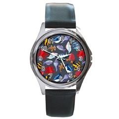 Sea Animals Pattern Wallpaper Fish Round Metal Watch by Amaryn4rt