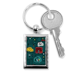 Seamless-pattern-hand-drawn-with-vehicles-buildings-road Key Chain (rectangle) by Wegoenart