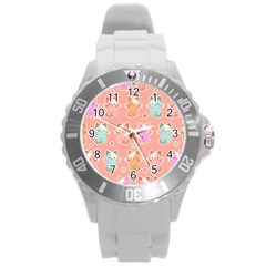 Cute Kawaii Kittens Seamless Pattern Round Plastic Sport Watch (l) by Wegoenart