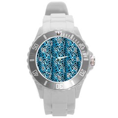 Blue Leopard Round Plastic Sport Watch (l) by DinkovaArt
