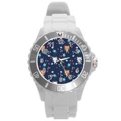 Cute-astronaut-cat-with-star-galaxy-elements-seamless-pattern Round Plastic Sport Watch (l) by Vaneshart