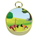 Mother And Daughter Yoga Art Celebrating Motherhood And Bond Between Mom And Daughter. Gold Compasses Front