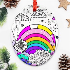 Rainbow Fun Cute Minimal Doodle Drawing Art Ornament (oval Filigree) by Ravend