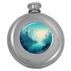 Ai Generated River Forest Woods Outdoors Round Hip Flask (5 Oz) by Pakemis