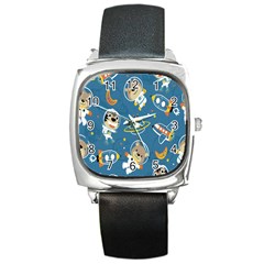 Seamless Pattern Funny Astronaut Outer Space Transportation Square Metal Watch by Semog4