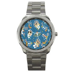 Seamless-pattern-funny-astronaut-outer-space-transportation Sport Metal Watch by Salman4z