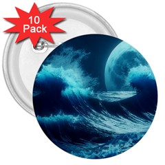 Moonlight High Tide Storm Tsunami Waves Ocean Sea 3  Buttons (10 Pack)  by Ravend