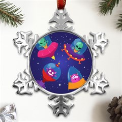 Cartoon-funny-aliens-with-ufo-duck-starry-sky-set Metal Small Snowflake Ornament by Salman4z