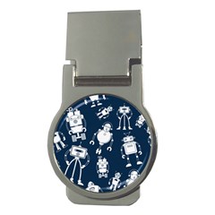 White-robot-blue-seamless-pattern Money Clips (round)  by Salman4z