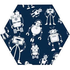 White-robot-blue-seamless-pattern Wooden Puzzle Hexagon by Salman4z
