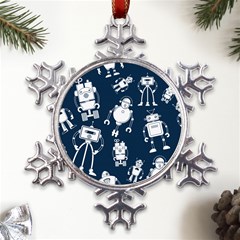 White-robot-blue-seamless-pattern Metal Large Snowflake Ornament by Salman4z
