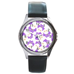 Purple-owl-pattern-background Round Metal Watch by Salman4z