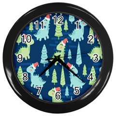 Cute Dinosaurs Animal Seamless Pattern Doodle Dino Winter Theme Wall Clock (black) by pakminggu