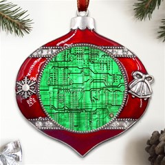Green Circuit Board Computer Metal Snowflake And Bell Red Ornament by Bakwanart