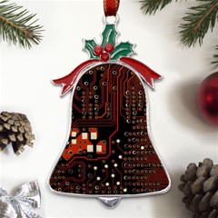 Red Computer Circuit Board Metal Holly Leaf Bell Ornament by Bakwanart