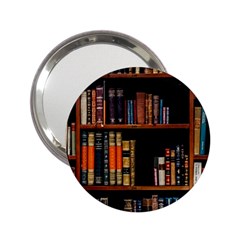 Assorted Title Of Books Piled In The Shelves Assorted Book Lot Inside The Wooden Shelf 2 25  Handbag Mirrors by 99art