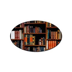 Assorted Title Of Books Piled In The Shelves Assorted Book Lot Inside The Wooden Shelf Sticker Oval (10 Pack) by 99art