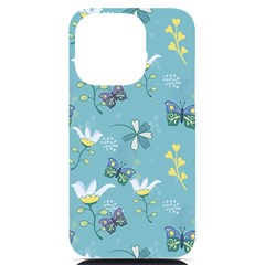 Butterfly Flower Blue Background Iphone 14 Pro Black Uv Print Case by danenraven