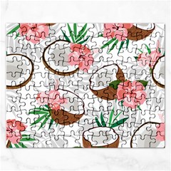 Seamless Pattern Coconut Piece Palm Leaves With Pink Hibiscus Rectangular Jigsaw Puzzl by Vaneshart