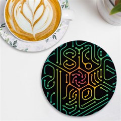 Circuit Hexagonal Geometric Pattern Background Pattern Uv Print Round Tile Coaster by Ndabl3x