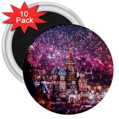 Moscow Kremlin Saint Basils Cathedral Architecture  Building Cityscape Night Fireworks 3  Magnets (10 Pack)  by Cowasu