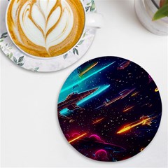 Night Sky Neon Spaceship Drawing Uv Print Round Tile Coaster by Ravend