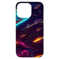 Night Sky Neon Spaceship Drawing Iphone 14 Pro Max Black Uv Print Case by Ravend