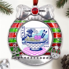 Ramen Kanji Vaporwave Artwork Minimalism Metal X mas Ribbon With Red Crystal Round Ornament by Bangk1t