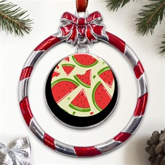 Cute Watermelon Seamless Pattern Metal Red Ribbon Round Ornament by Simbadda