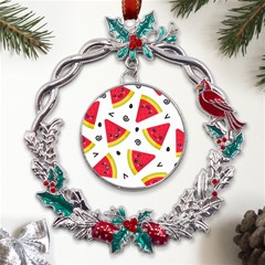 Cute Smiling Watermelon Seamless Pattern White Background Metal X mas Wreath Holly Leaf Ornament by Simbadda