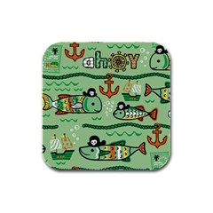 Seamless Pattern Fishes Pirates Cartoon Rubber Square Coaster (4 Pack) by Simbadda