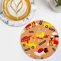 Seamless Pattern Cartoon With Transportation Vehicles Uv Print Round Tile Coaster by Simbadda
