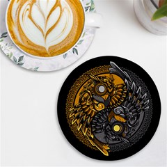 Yin-yang-owl-doodle-ornament-illustration Uv Print Round Tile Coaster by Simbadda