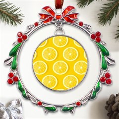 Lemon-fruits-slice-seamless-pattern Metal X mas Wreath Ribbon Ornament by Simbadda