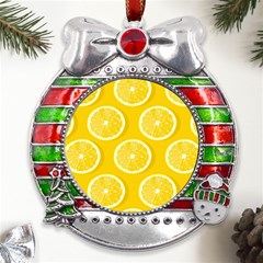 Lemon-fruits-slice-seamless-pattern Metal X mas Ribbon With Red Crystal Round Ornament by Simbadda