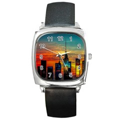 New York City Skyline Usa Square Metal Watch by Ndabl3x