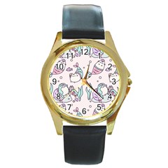 Cartoon Cat Cute Animal Kawaii Pastel Pattern Round Gold Metal Watch by Ndabl3x
