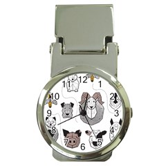Geometric Animals T- Shirt Friendly Geometric Farm Animals    Print    Green Grey Linen Texture Back Money Clip Watches by ZUXUMI