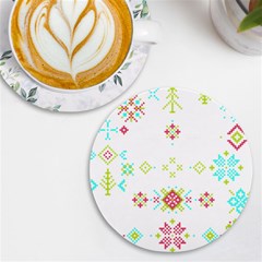 Christmas Cross Stitch Pattern Effect Holidays Symmetry Uv Print Round Tile Coaster by Sarkoni