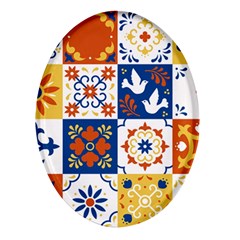 Mexican-talavera-pattern-ceramic-tiles-with-flower-leaves-bird-ornaments-traditional-majolica-style- Oval Glass Fridge Magnet (4 Pack) by Ket1n9
