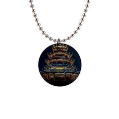 Blue Yellow And Green Lighted Pagoda Tower 1  Button Necklace by Modalart