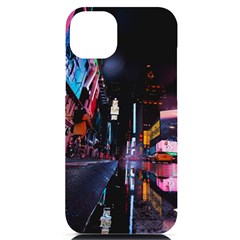 Roadway Surrounded Building During Nighttime Iphone 14 Plus Black Uv Print Case by Modalart