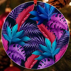 Background With Violet Blue Tropical Leaves Uv Print Acrylic Ornament Round by Bedest