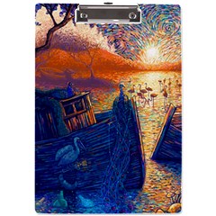 Digital Art Fantasy Impressionism Painting Ship Boat Psychedelic Peacock Mushroom Flamingos Hipwreck A4 Acrylic Clipboard by Sarkoni
