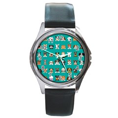 Different Type Vector Cartoon Dog Faces Round Metal Watch by Bedest
